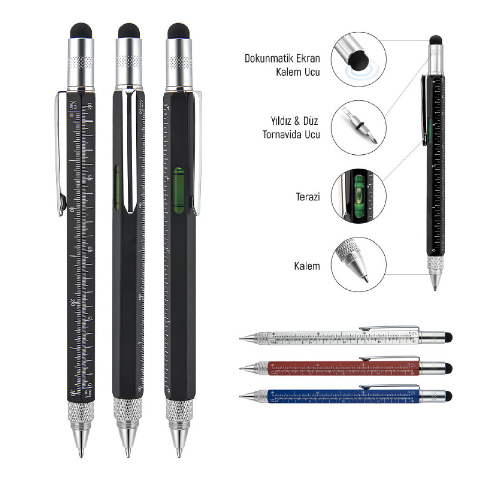 652 Siyah Metal Su Terazili - Tornavidalı Touchpen Kalem